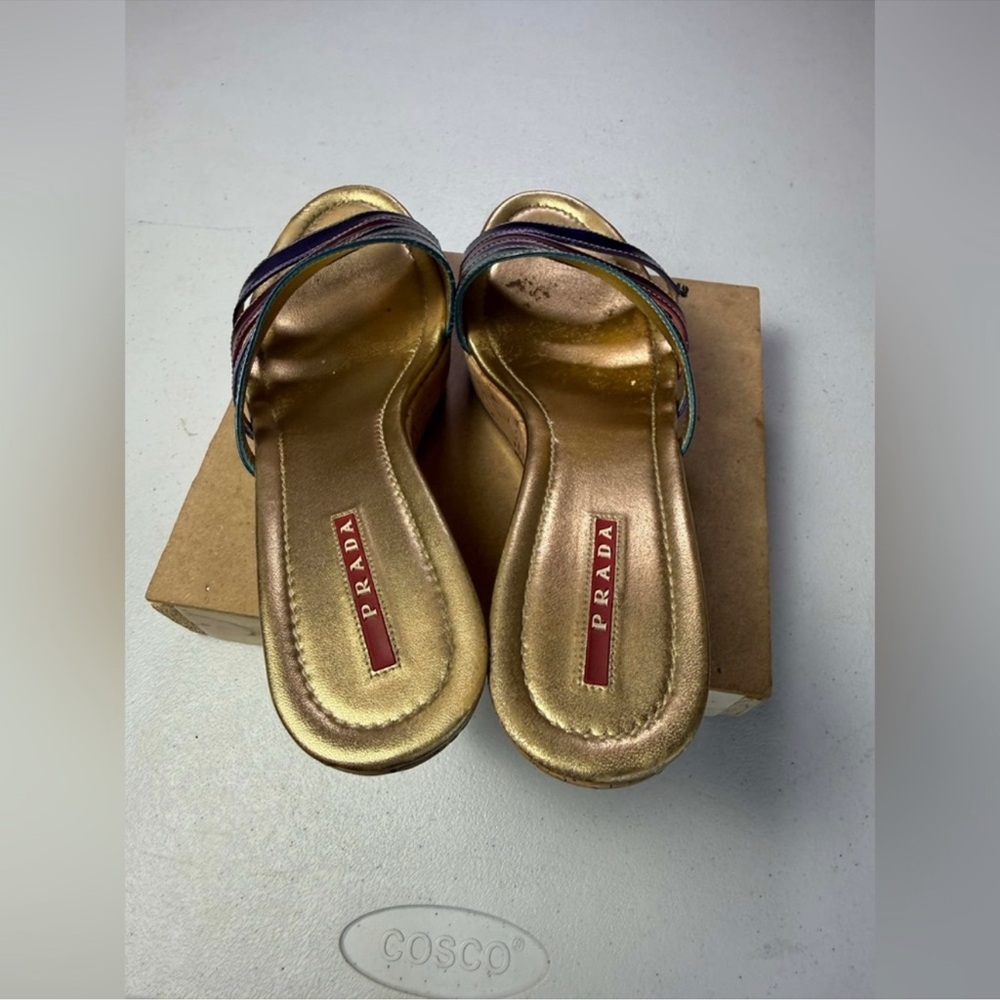 Prada Women's Multi Metallic Rainbow
Cork Wedge Sandals Sz 40 / US 10 - Picture 9 of 14